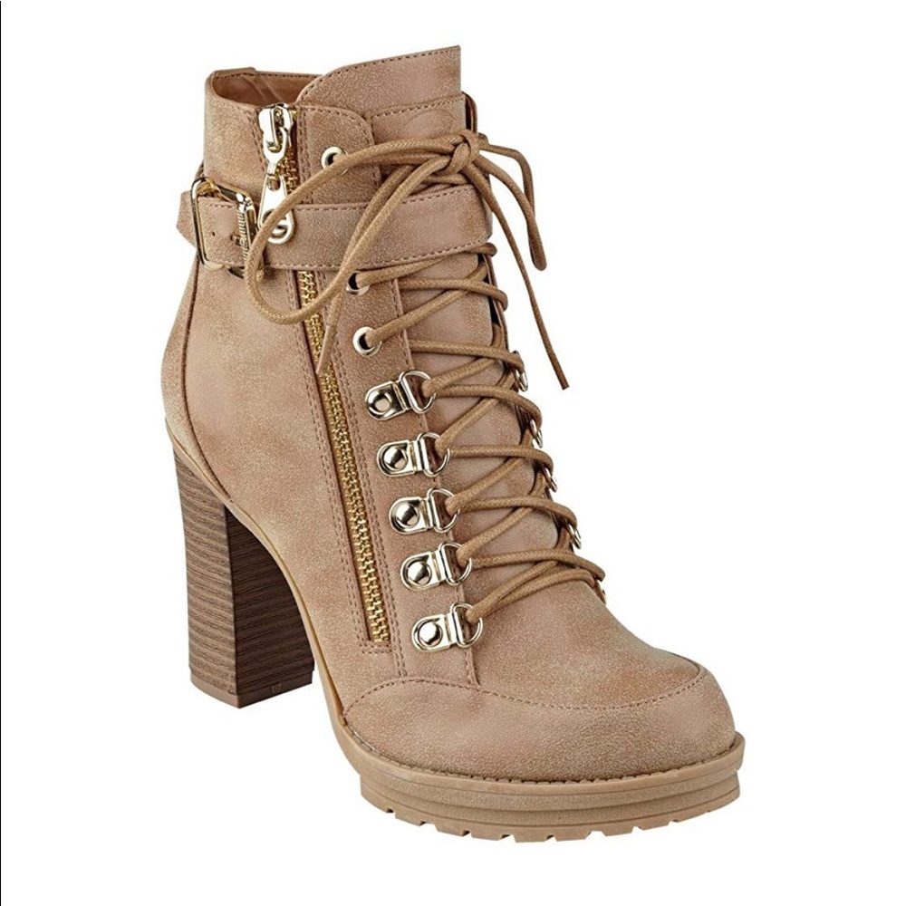 Guess Tan Suede Lace-Up Block Heel Ankle Boots